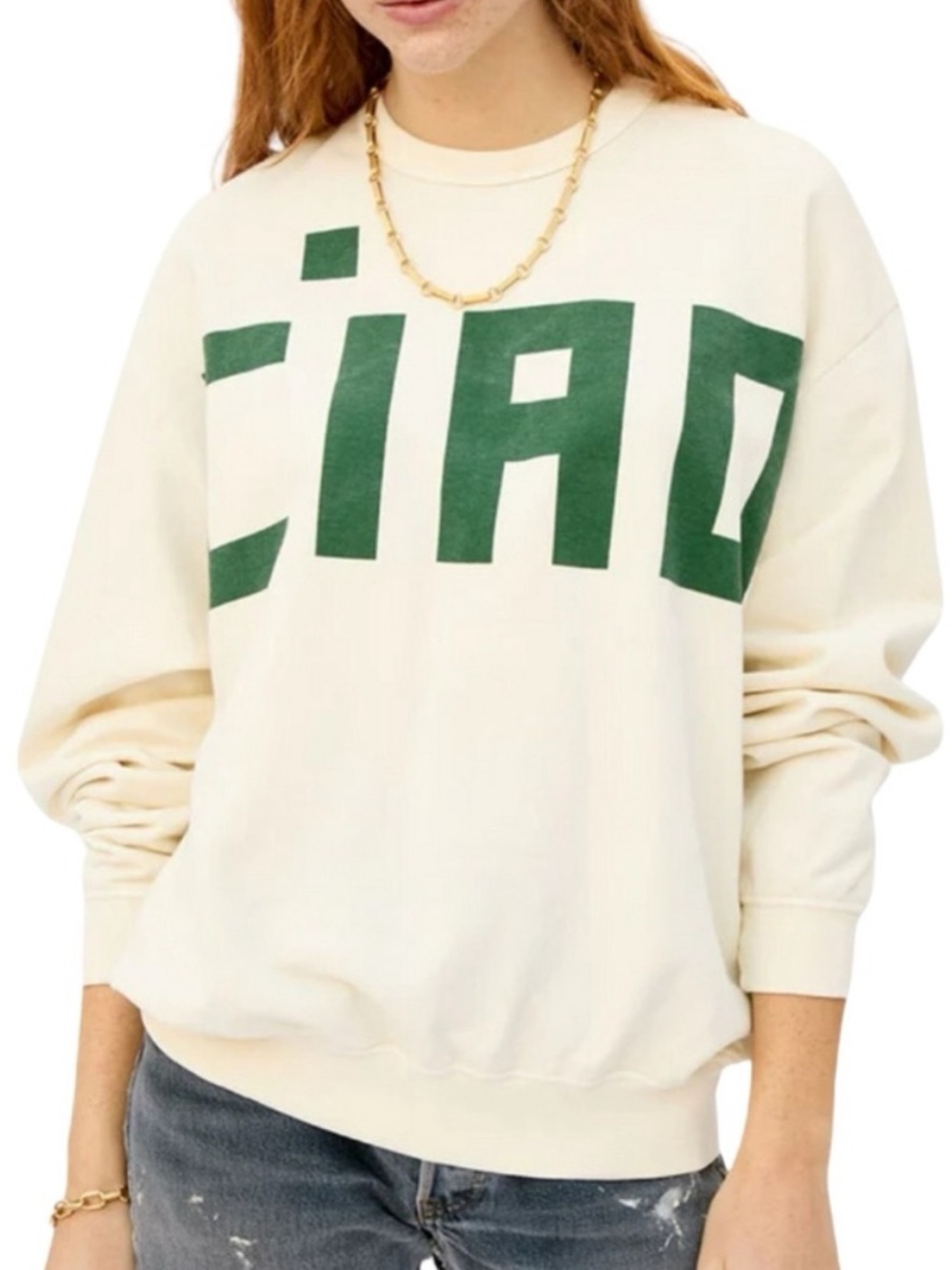 Clare V. Cream and Green Ciao Oversized Crewneck Sweatshirt Small